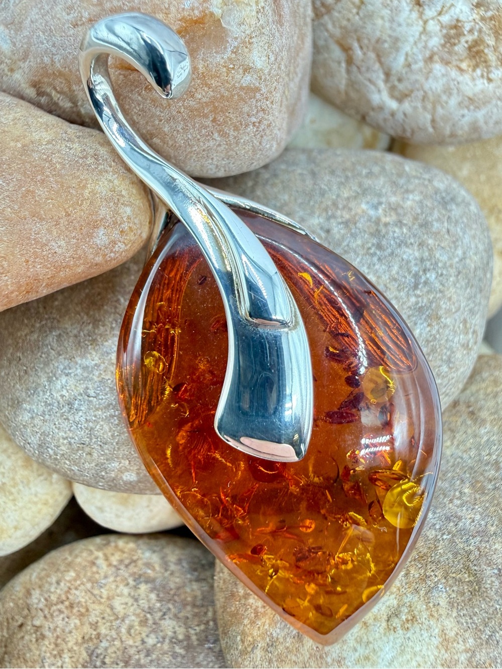 Poland 925 Baltic Amber Cognac Pendant Modernist Sterling Silver European signed
